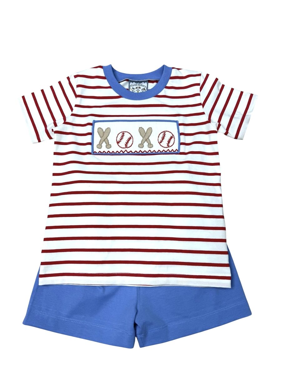 Three Sisters Baseball Smocked Boys Short Set